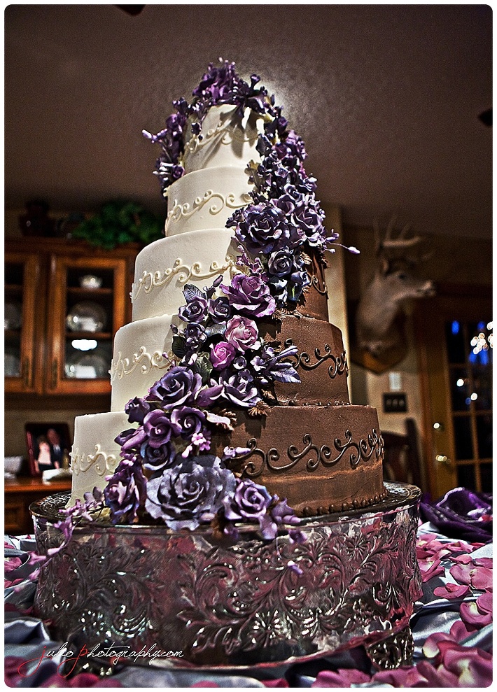 Enchanted wedding cake iced in chocolate and vanilla buttercream wit